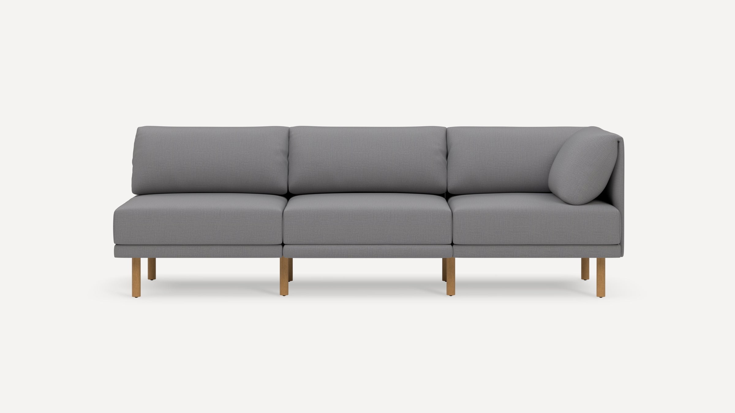 Modern gray three-seater sofa with wooden legs, cushioned seats, and backrests, featuring a sleek, minimalist design.
