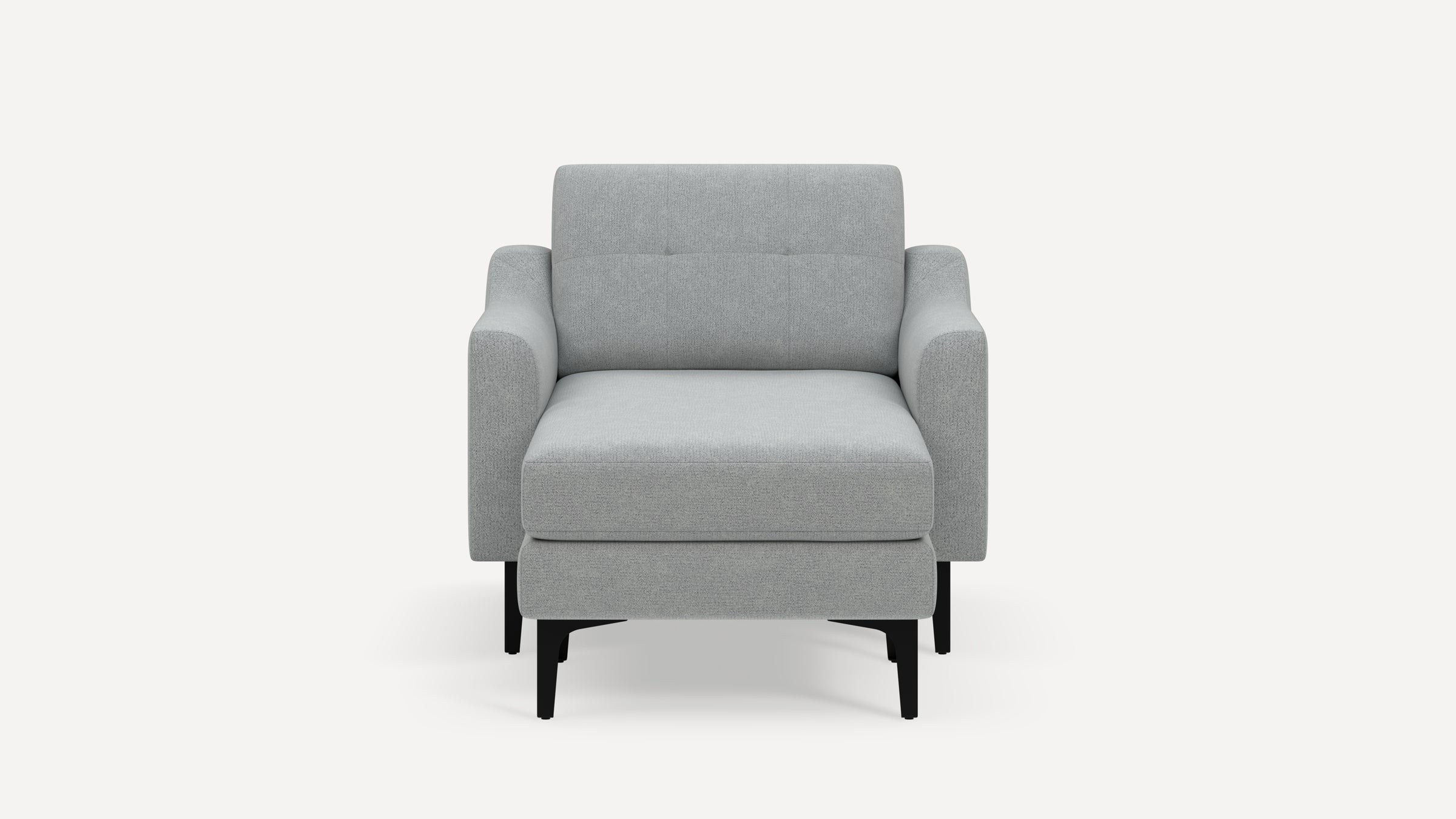 Front view of a modern light gray upholstered armchair with black wooden legs on a plain white background.