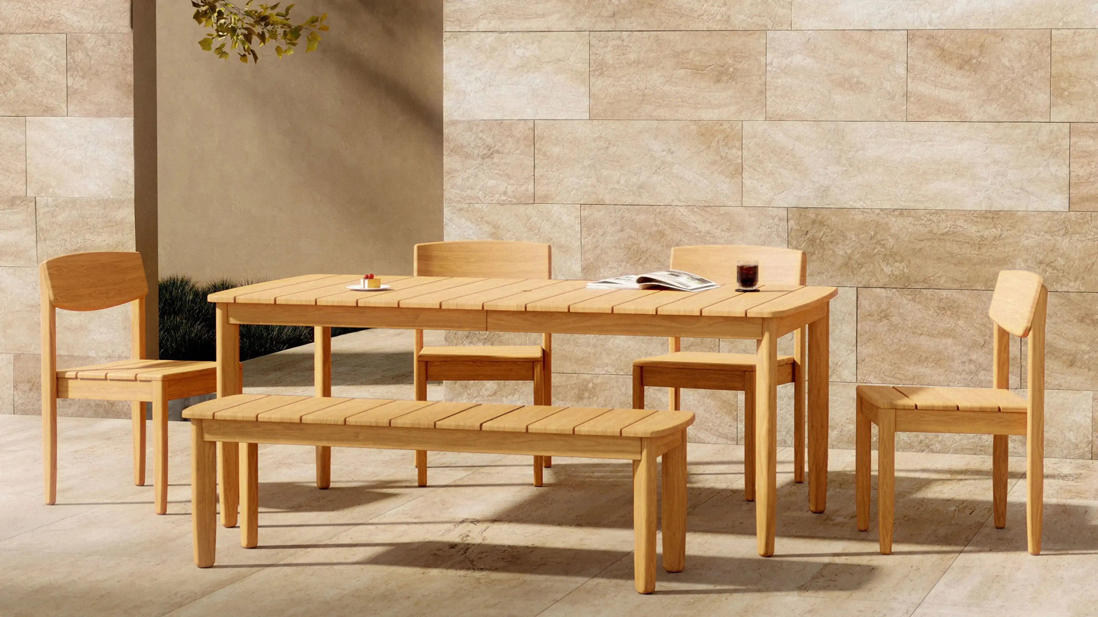 a wooden table with four chairs and a bench