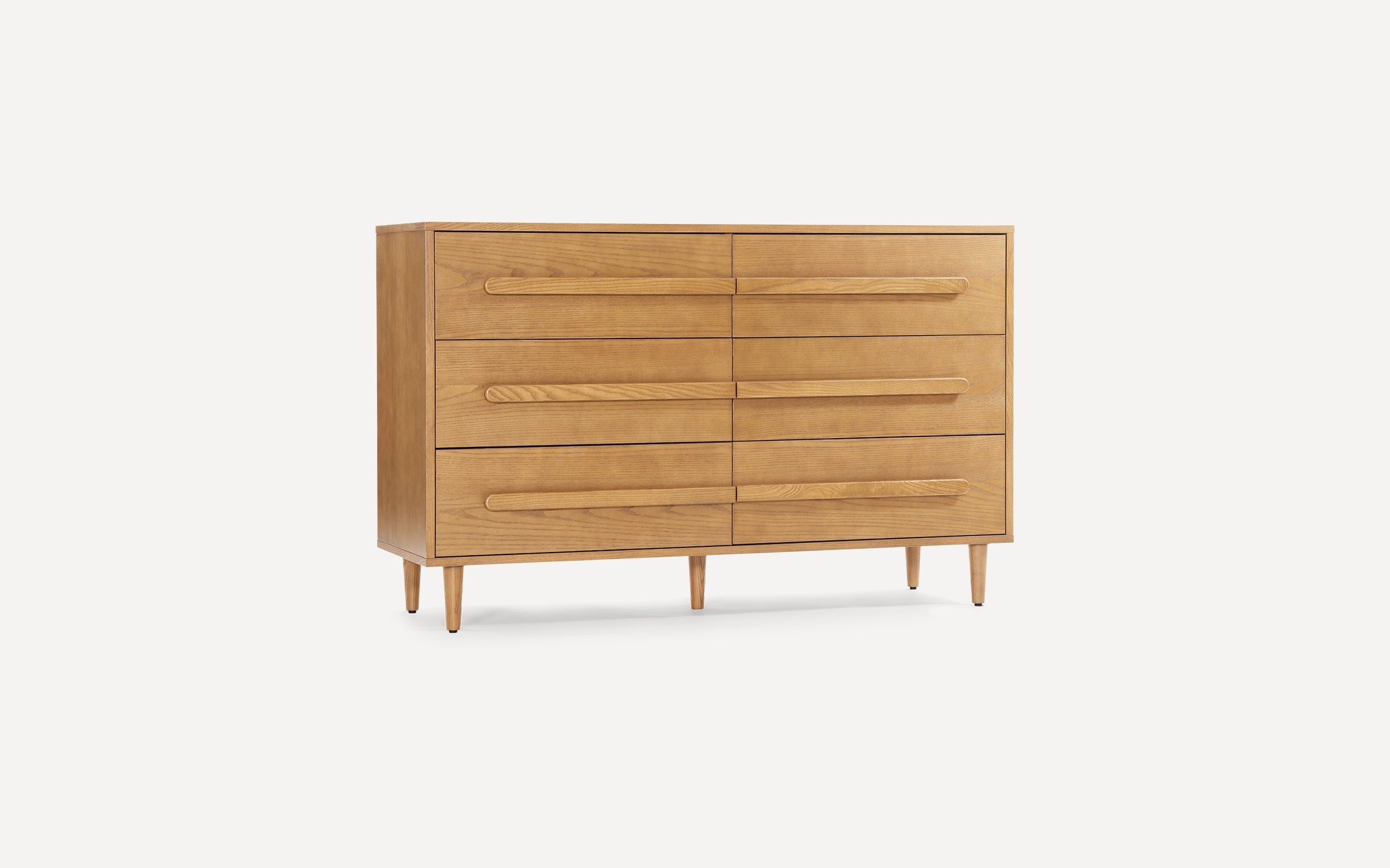 Light wood mid-century modern dresser with six drawers, horizontal handles, and tapered legs on white background.