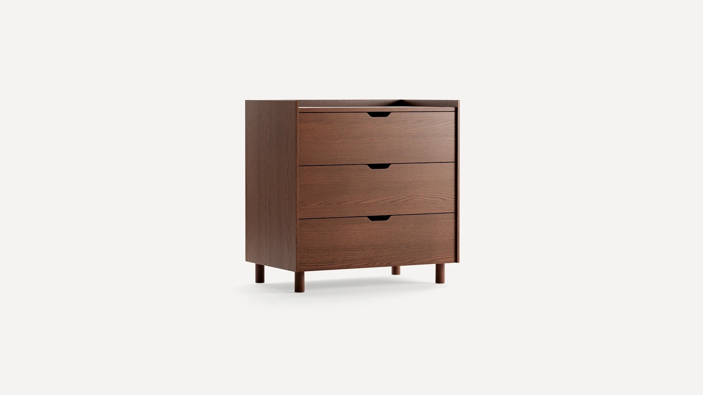 Modern wooden chest of drawers with three spacious drawers, dark brown finish, and minimalist design on four short legs.