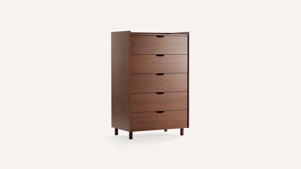 Mid-century modern style wooden chest of drawers with five drawers, dark brown finish, and round tapered legs.