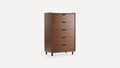 Mid-century modern style wooden chest of drawers with five drawers, dark brown finish, and round tapered legs.