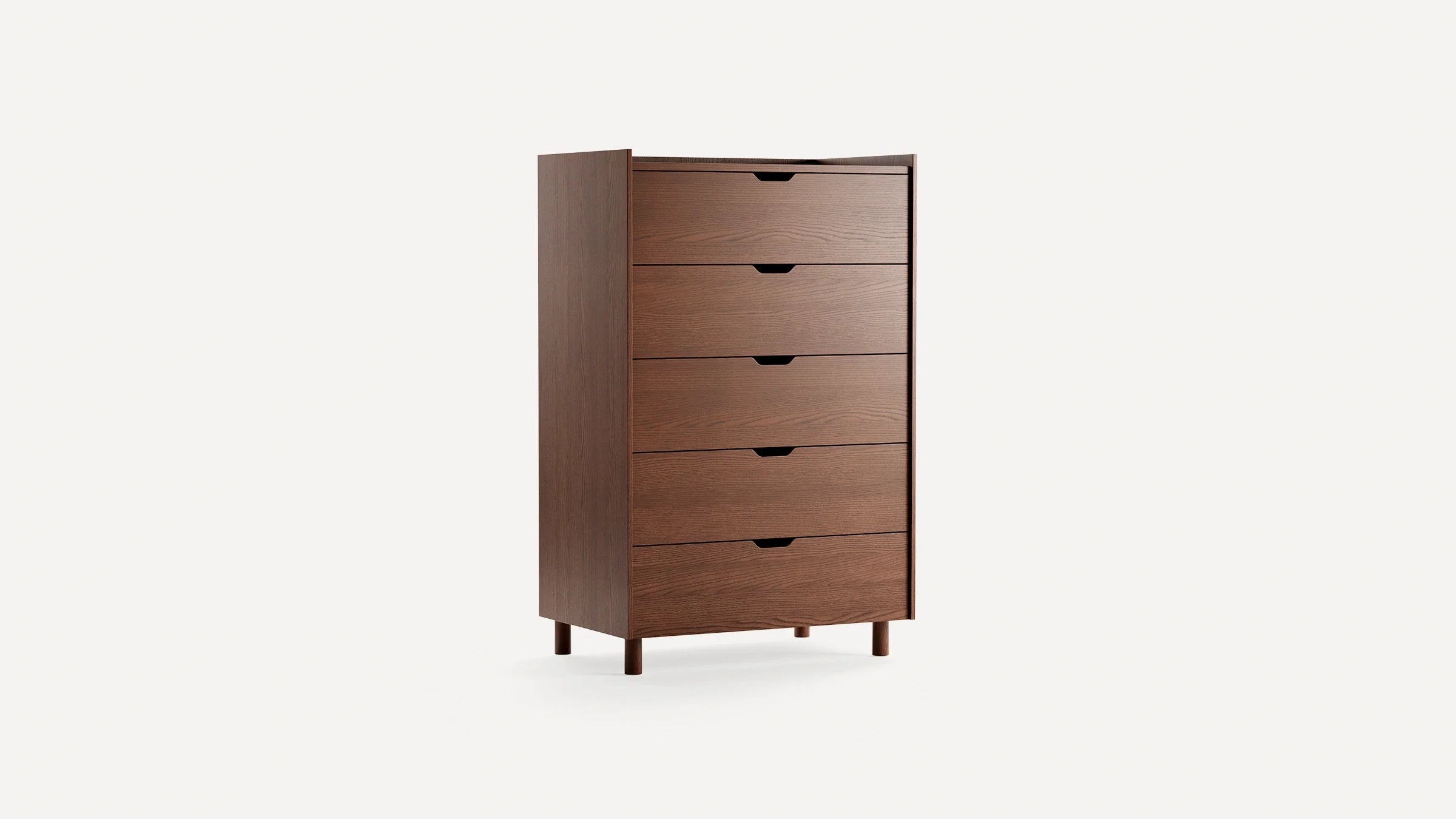 Mid-century modern style wooden chest of drawers with five drawers, dark brown finish, and round tapered legs.