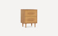 Mid-century modern two-drawer wooden nightstand with rounded handles and tapered legs in light oak finish.