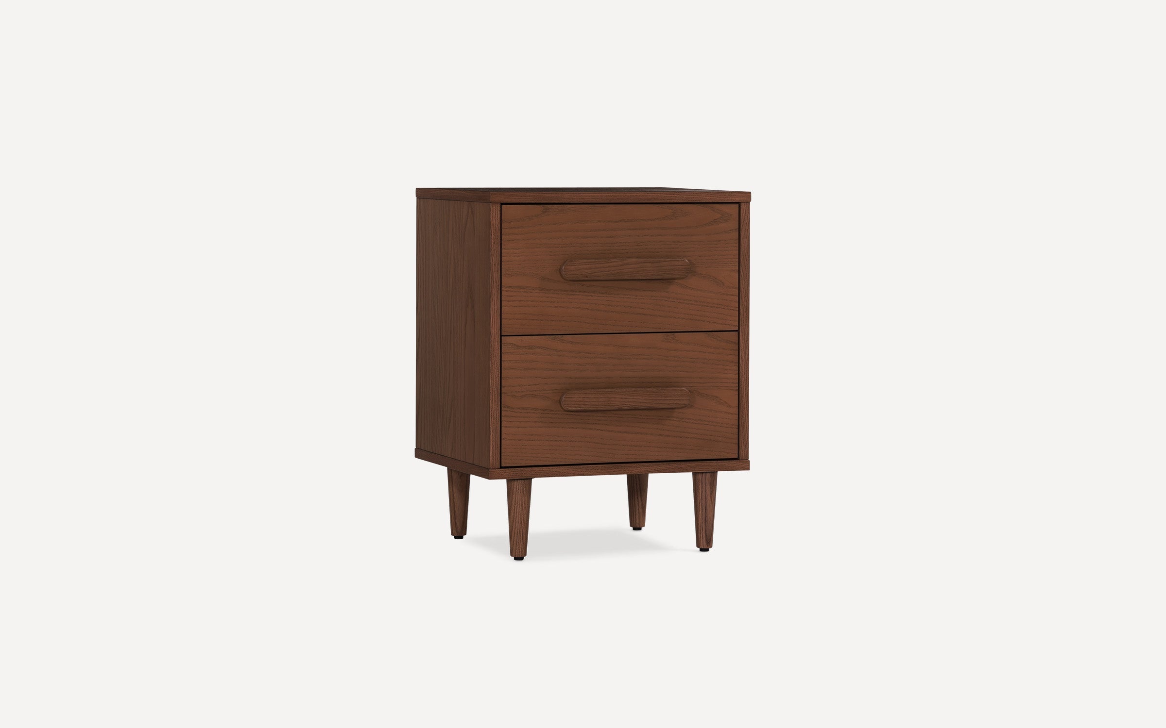 Compact mid-century modern wooden nightstand with two drawers and tapered legs in a walnut finish.