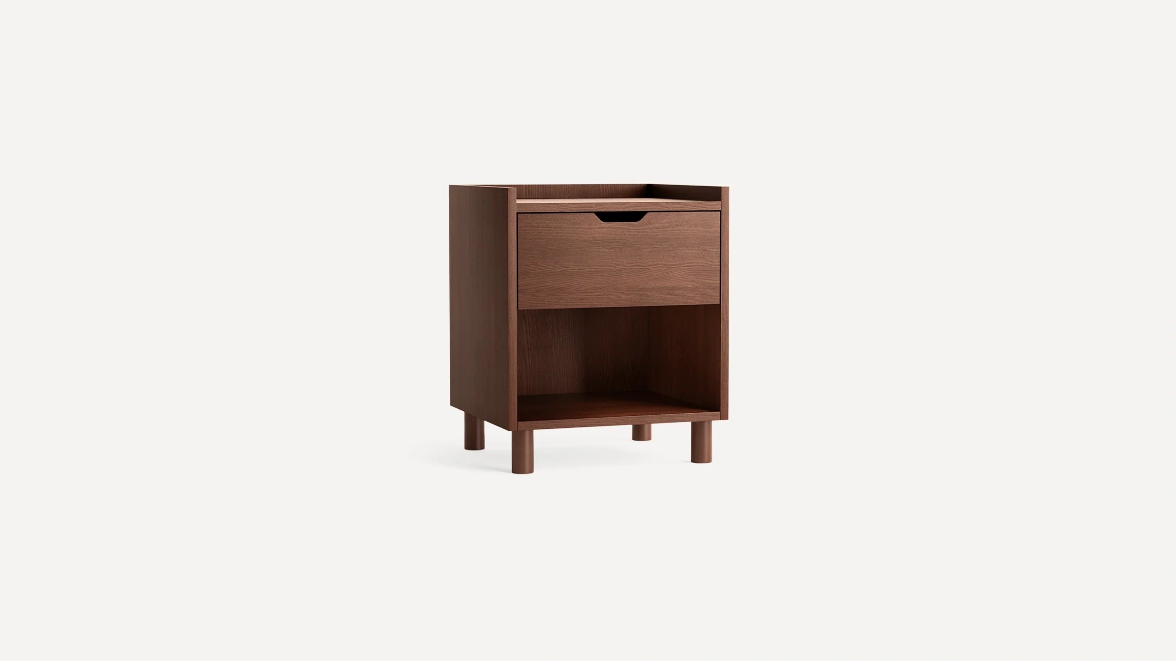 Compact wooden nightstand with a single drawer and open shelf, standing on four short round legs.