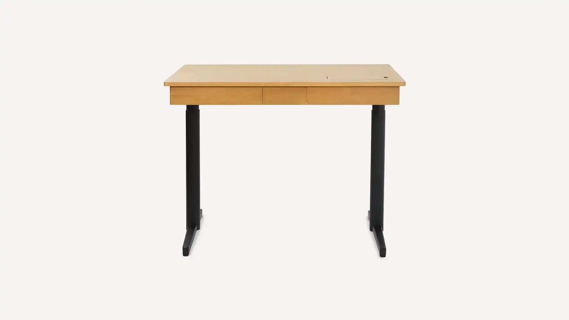 Modern wooden desk with black metal legs, featuring a flat rectangular surface and central drawer, minimalist design.