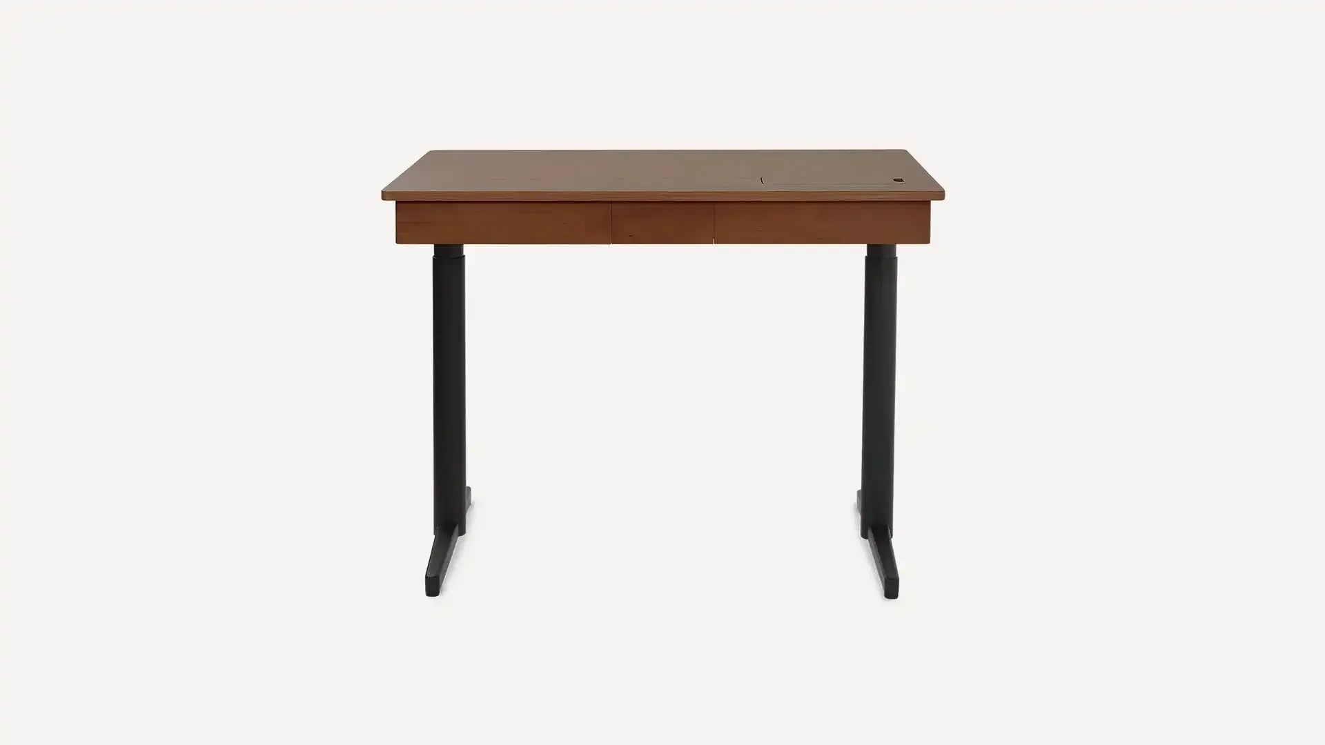 Wooden desk with a rectangular top, black metal legs, and a slim drawer in the front center.
