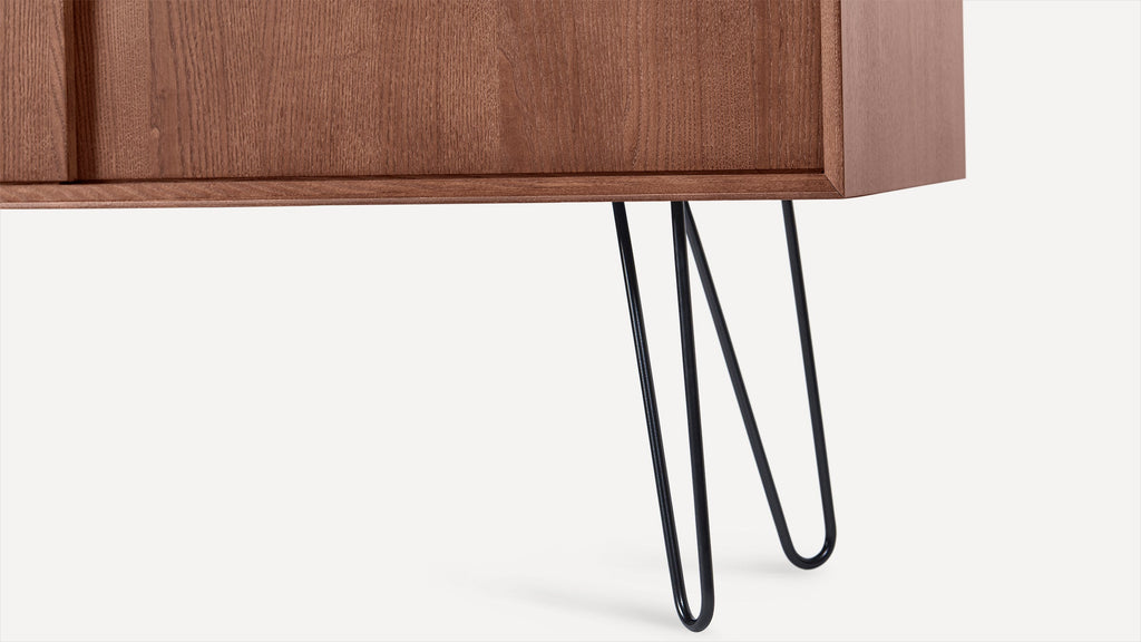 modern walnut sideboard with black hairpinns and black hairpinns