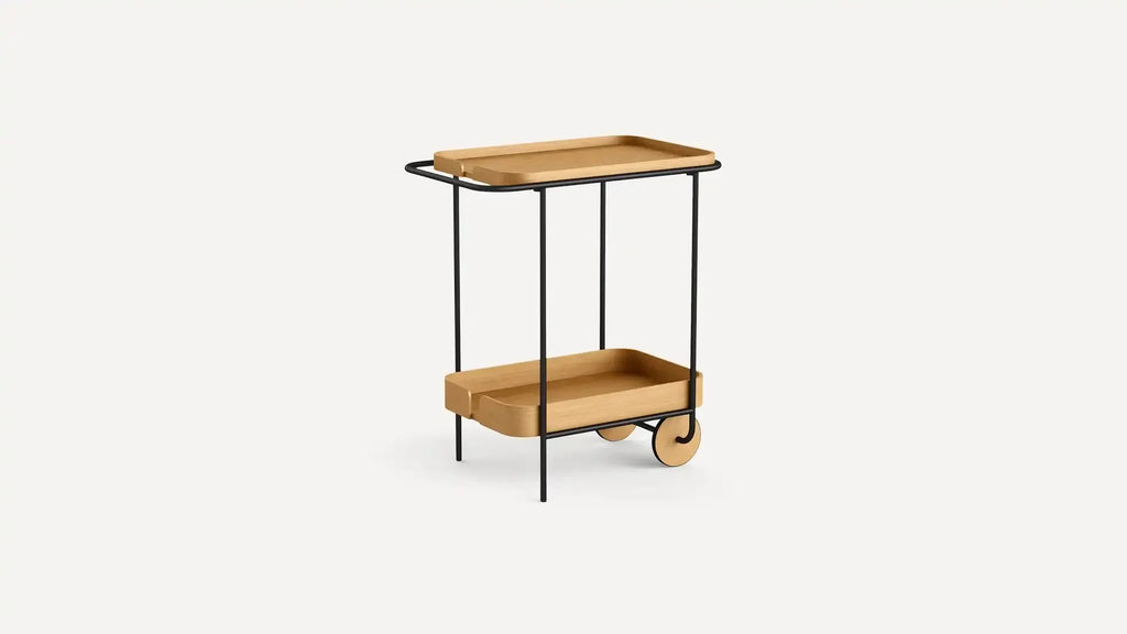 Modern two-tier serving cart with light wood trays and black metal frame, featuring two wooden wheels and handle.