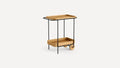 Modern two-tier serving cart with light wood trays and black metal frame, featuring two wooden wheels and handle.