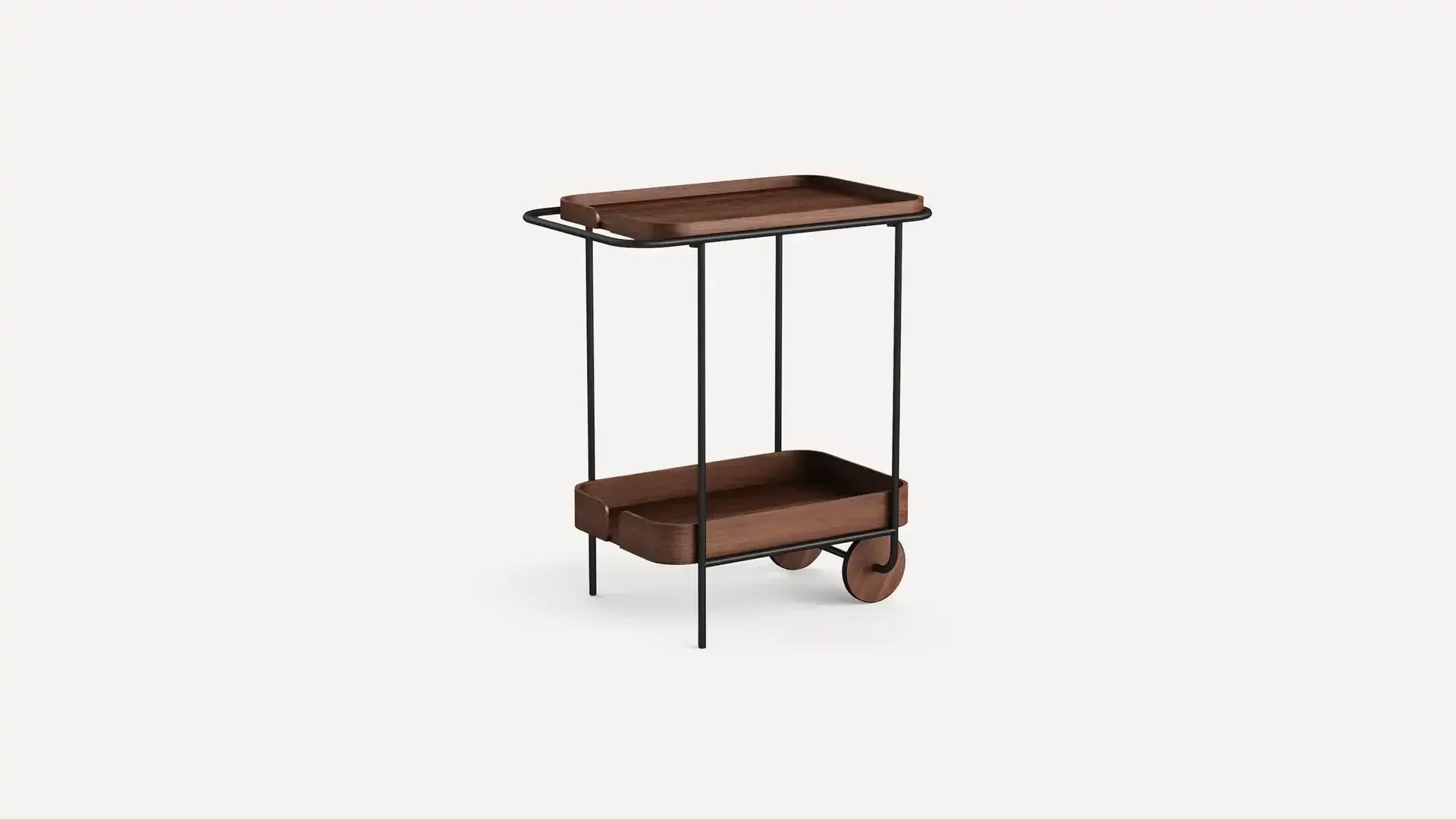 Two-tier wooden serving cart with black metal frame and large wooden wheels on one side.