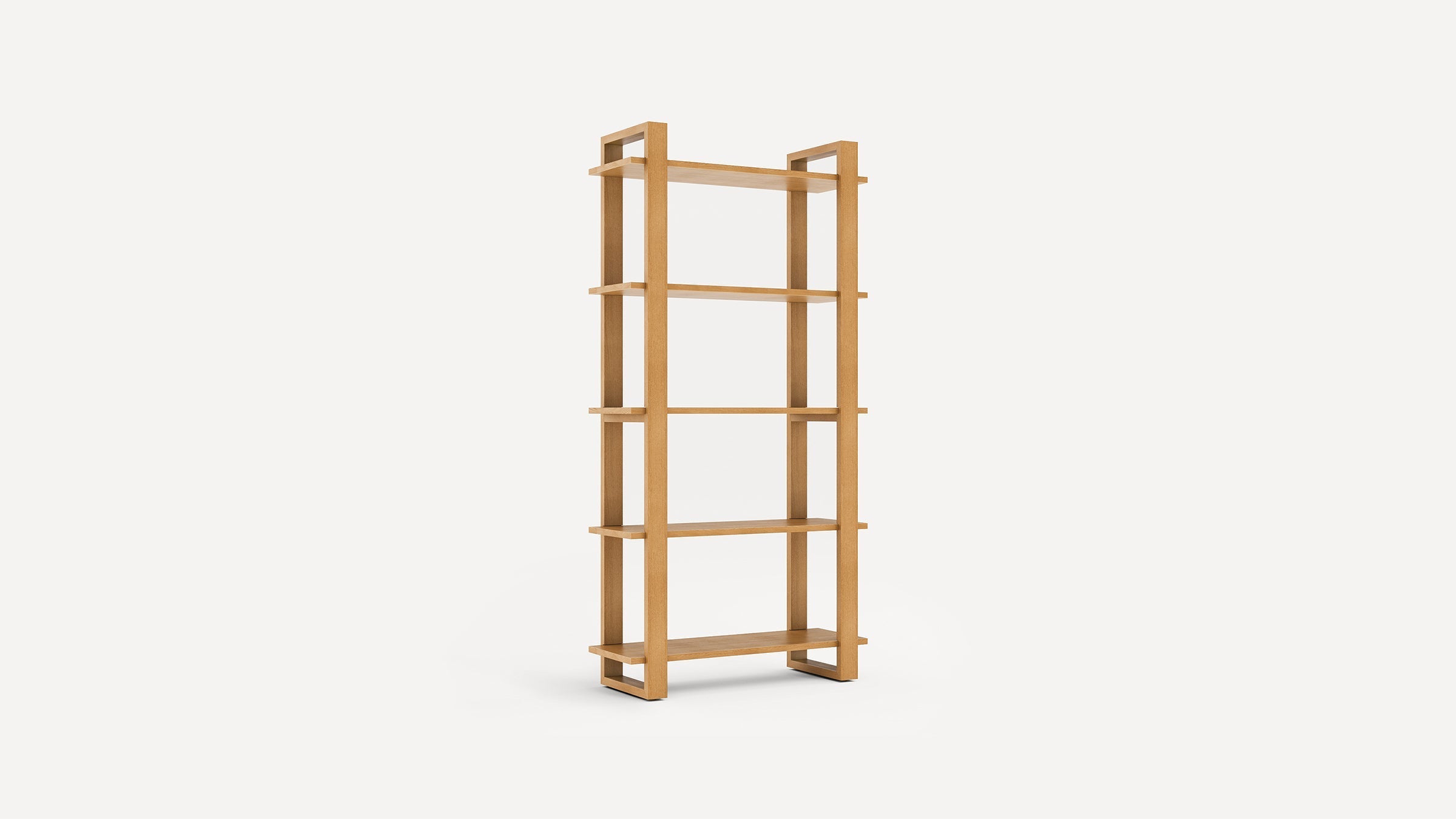 Tall wooden bookshelf with five open shelves and a minimalist rectangular frame in a natural wood finish.