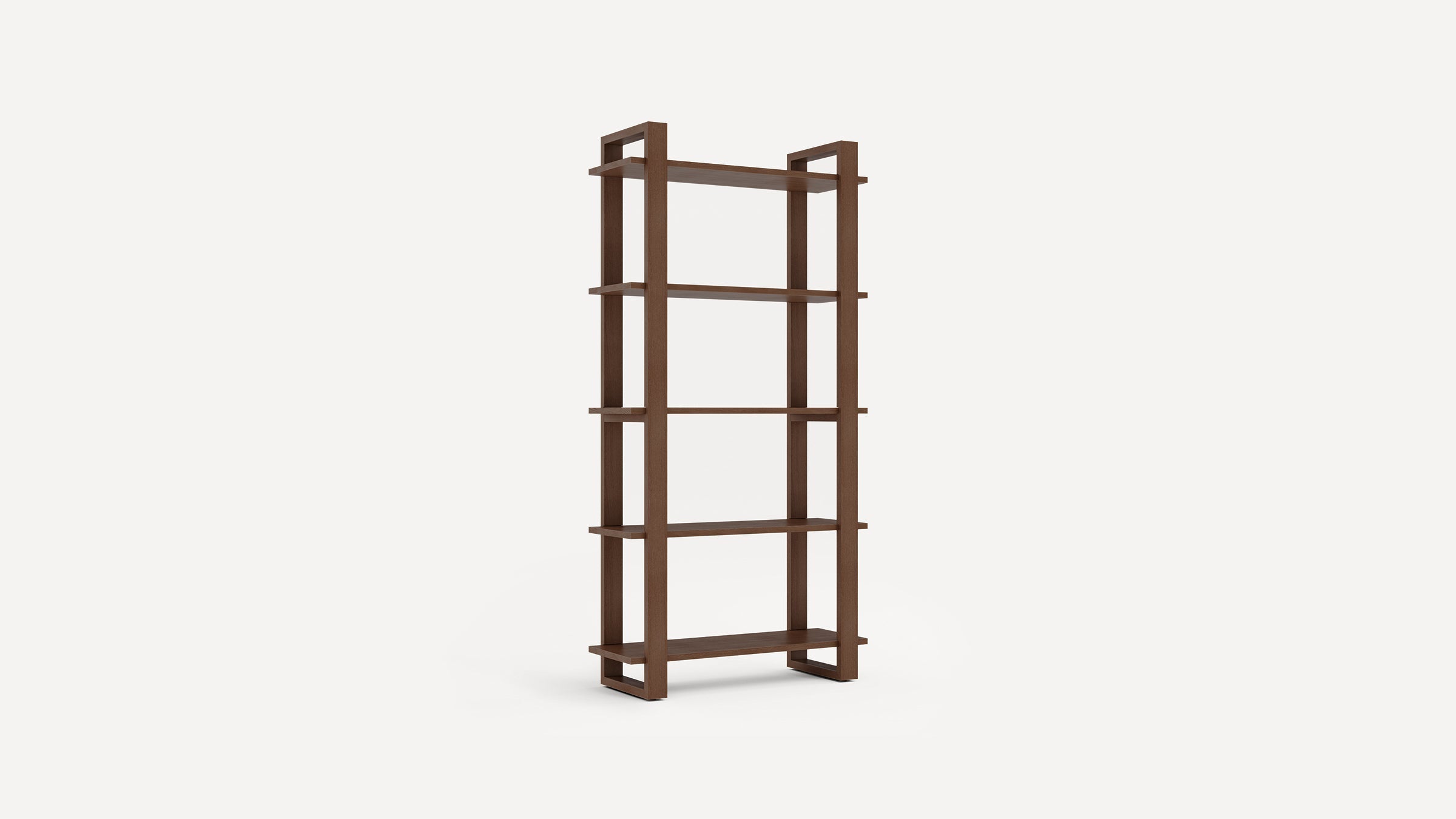 Tall, modern wooden bookshelf with five open shelves and a geometric frame in a warm brown finish.