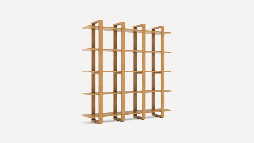 Modern wooden bookshelf with four vertical supports and four horizontal shelves, open-back design, natural light oak finish.