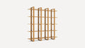 Modern wooden bookshelf with four vertical supports and four horizontal shelves, open-back design, natural light oak finish.