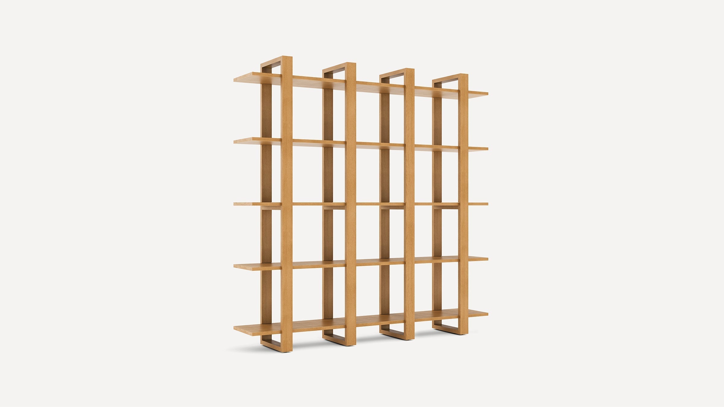 Modern wooden bookshelf with four vertical supports and four horizontal shelves, open-back design, natural light oak finish.