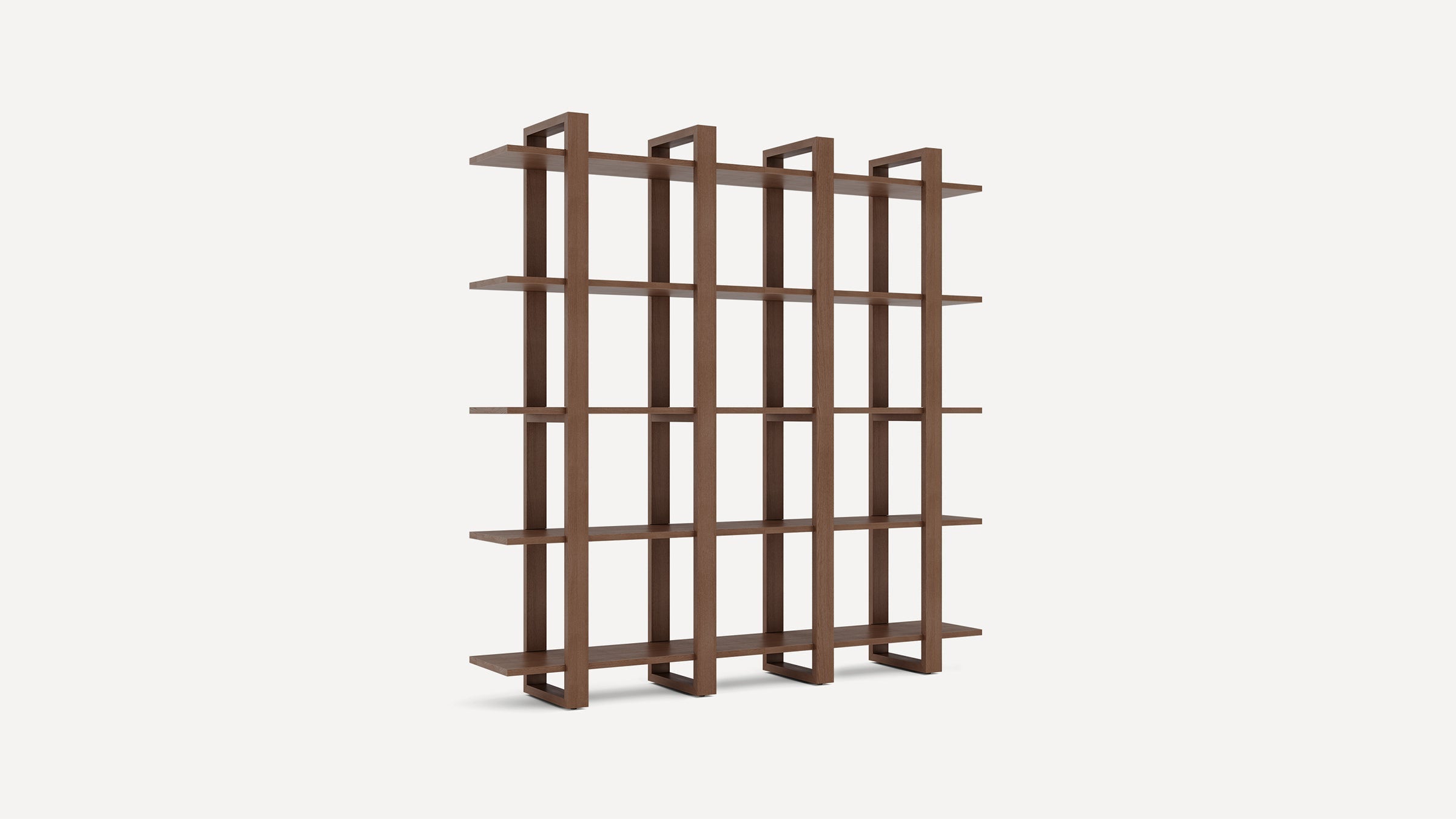 Modern wooden bookshelf with four vertical supports and four horizontal shelves, featuring an open grid design.