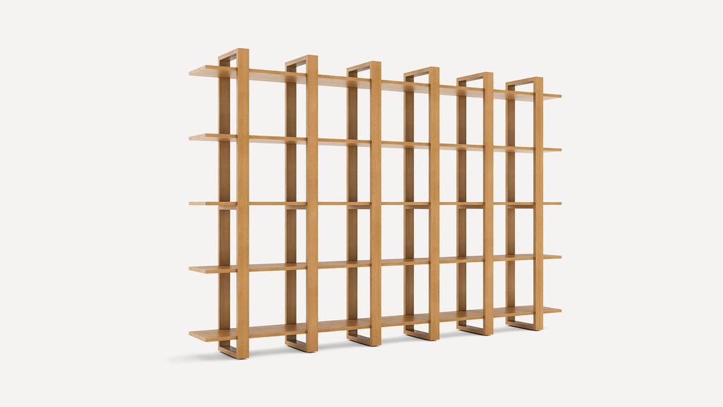 Modern wooden bookshelf with a grid design featuring multiple horizontal and vertical shelves in a natural wood finish.
