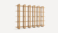 Modern wooden bookshelf with a grid design featuring multiple horizontal and vertical shelves in a natural wood finish.