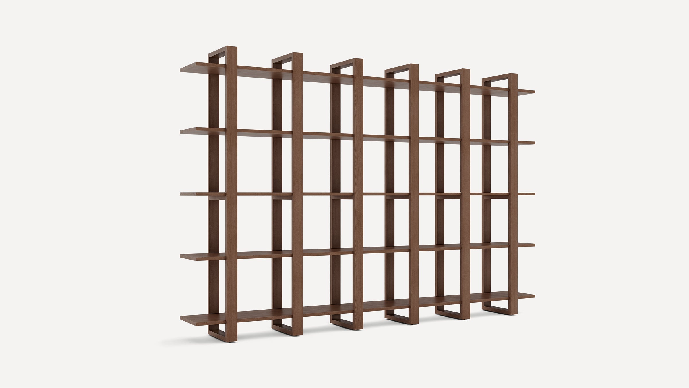 Modern wooden bookshelf with multiple open square compartments and five vertical supports, finished in a warm brown tone.
