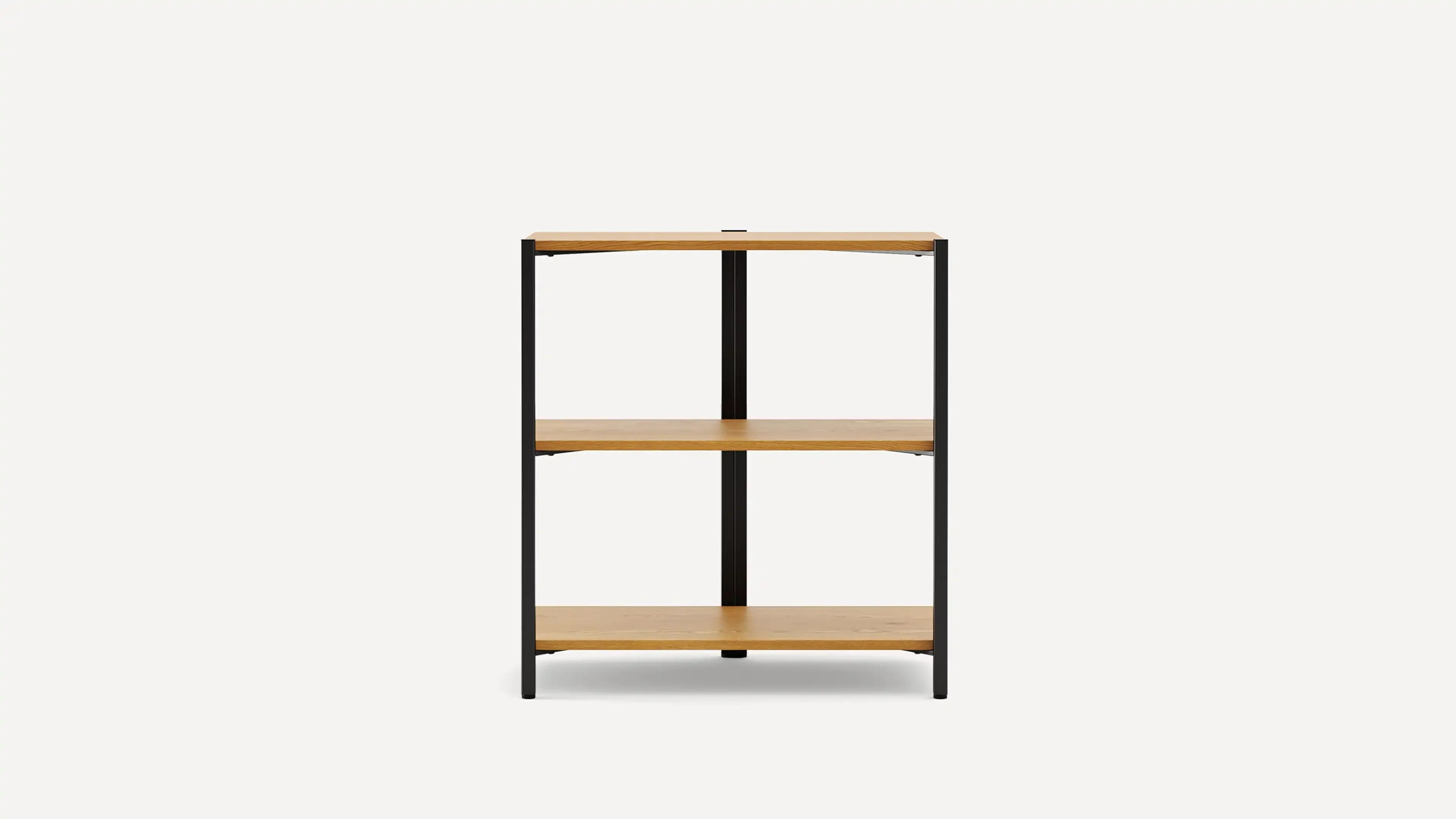 Three-tier wooden shelf with black metal frame, featuring a minimalist industrial design, shown against a plain white background.