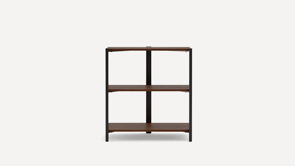 Three-tier wooden and black metal shelving unit with a minimalist, industrial design, ideal for storage or display.