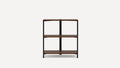 Three-tier wooden and black metal shelving unit with a minimalist, industrial design, ideal for storage or display.