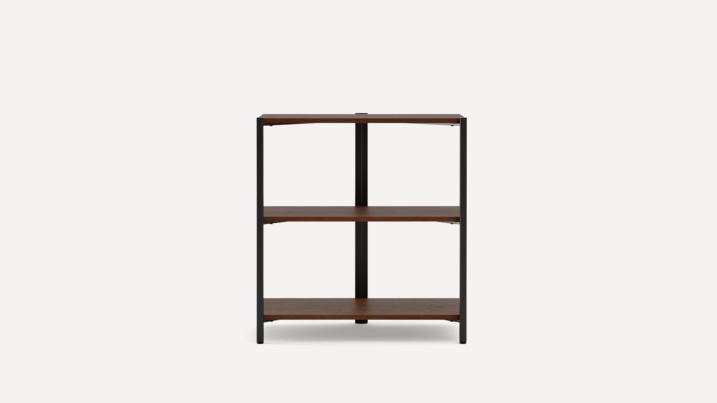 Three-tier wooden and black metal shelving unit with a minimalist, industrial design, ideal for storage or display.