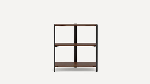 Three-tier wooden and black metal shelving unit with a minimalist, industrial design, ideal for storage or display.