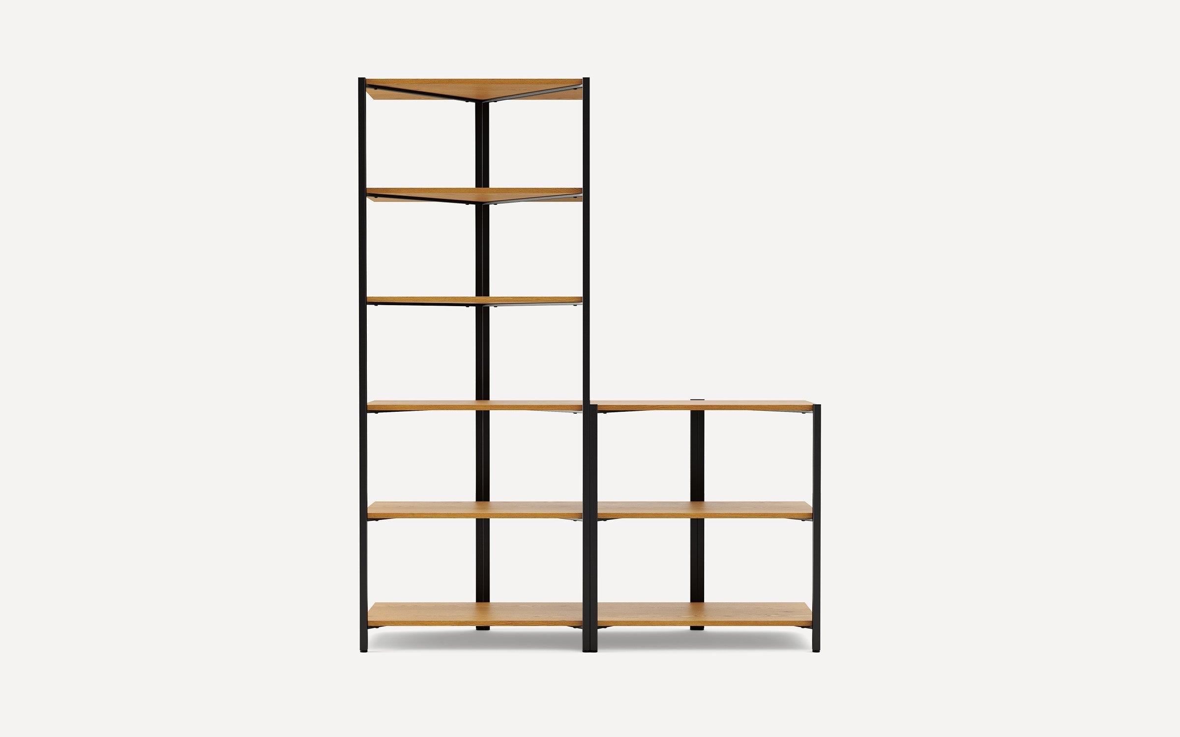 Modern two-tiered shelving unit with black metal frame and wooden shelves, featuring taller left side and shorter right side design.