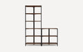 Modern L-shaped shelving unit with dark wood shelves and black metal frame, featuring five vertical and three horizontal tiers.
