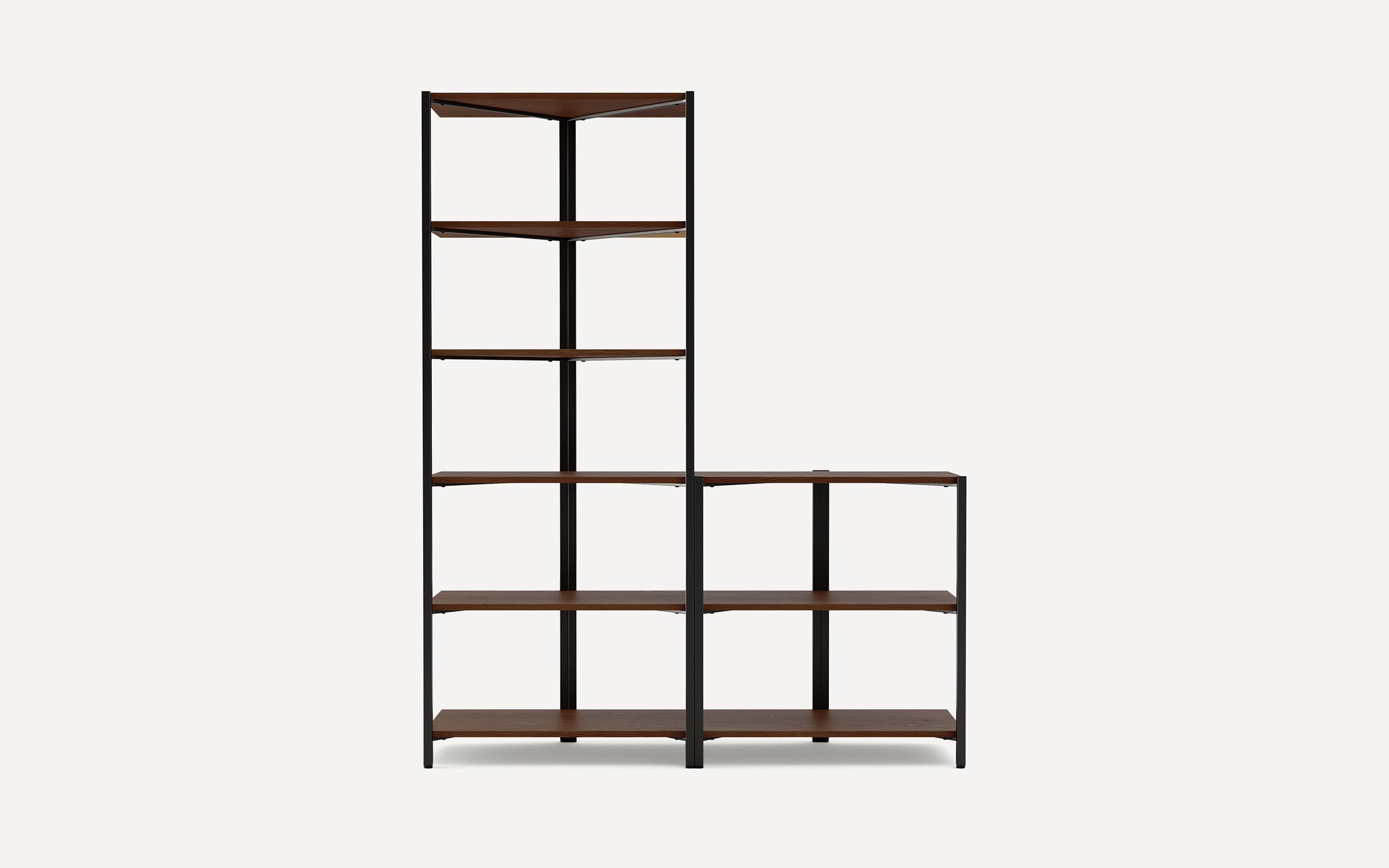 Modern L-shaped shelving unit with dark wood shelves and black metal frame, featuring five vertical and three horizontal tiers.