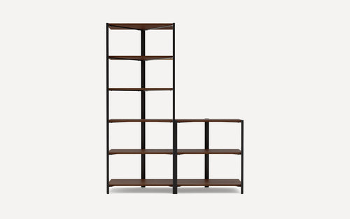 Modern L-shaped shelving unit with dark wood shelves and black metal frame, featuring five vertical and three horizontal tiers.