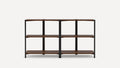 Open shelving unit with two sections, each having three wooden shelves and a black metal frame, minimalist design.