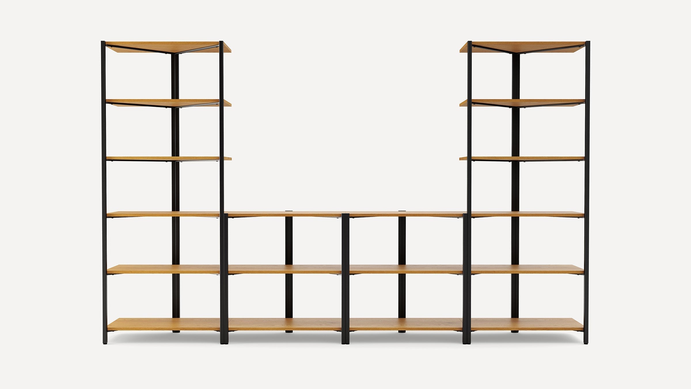 Modular wooden shelving unit with black metal frame, featuring two tall sides with five shelves each and a lower connecting middle section.