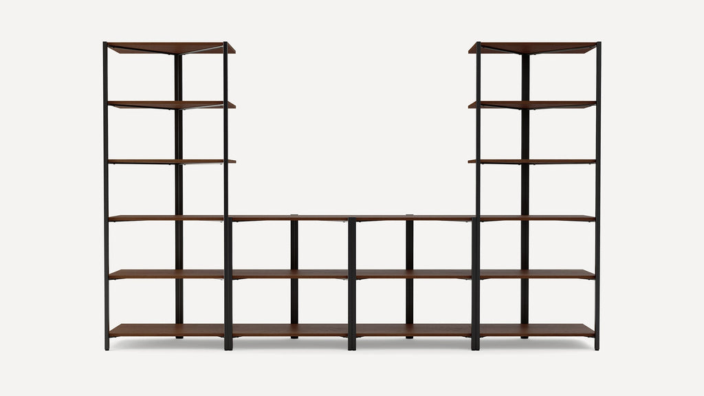 Metal-framed shelving unit with dark wooden shelves arranged in two tall side sections and a lower central connecting section.