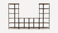 Metal-framed shelving unit with dark wooden shelves arranged in two tall side sections and a lower central connecting section.
