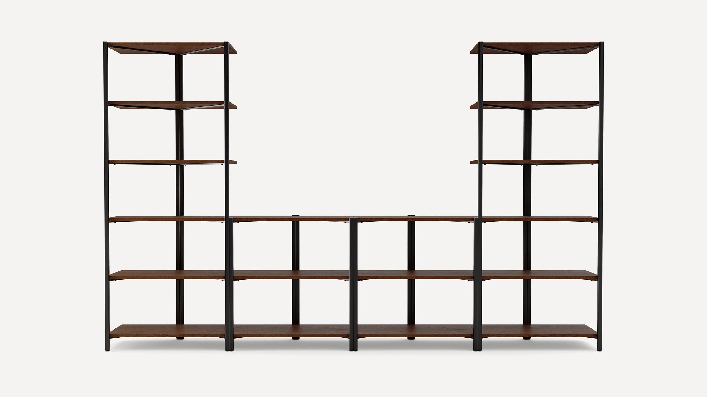 Metal-framed shelving unit with dark wooden shelves arranged in two tall side sections and a lower central connecting section.