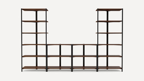 Metal-framed shelving unit with dark wooden shelves arranged in two tall side sections and a lower central connecting section.