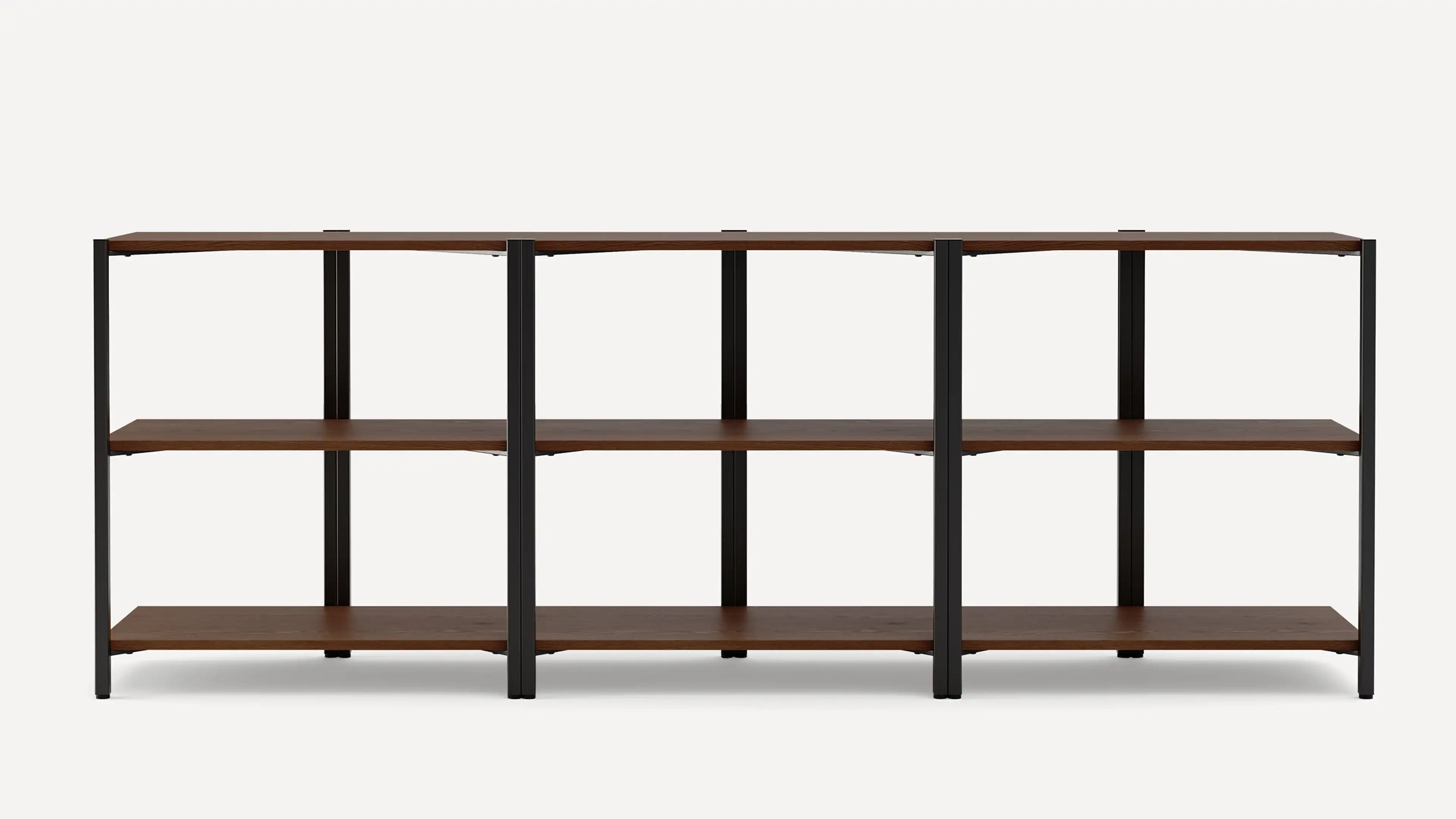 Open bookshelf with three sections, featuring dark wood shelves and black metal frame, minimalist industrial design.