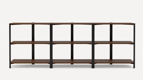 Open bookshelf with three sections, featuring dark wood shelves and black metal frame, minimalist industrial design.