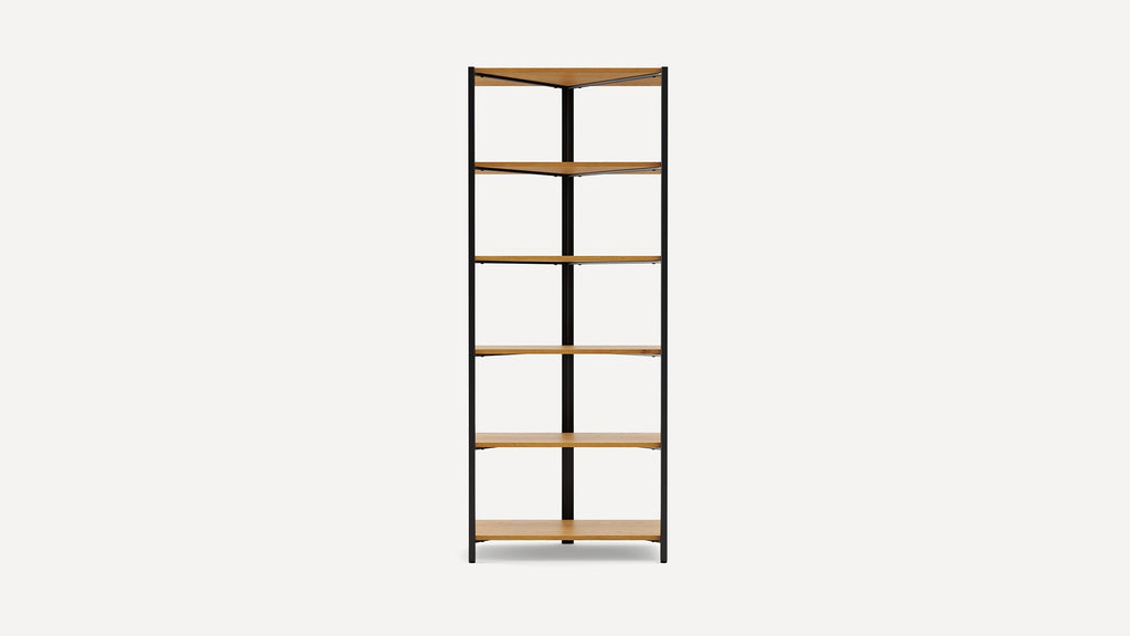 Tall corner shelving unit with six wooden shelves and a black metal frame, designed for space-efficient storage.