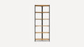 Tall corner shelving unit with six wooden shelves and a black metal frame, designed for space-efficient storage.