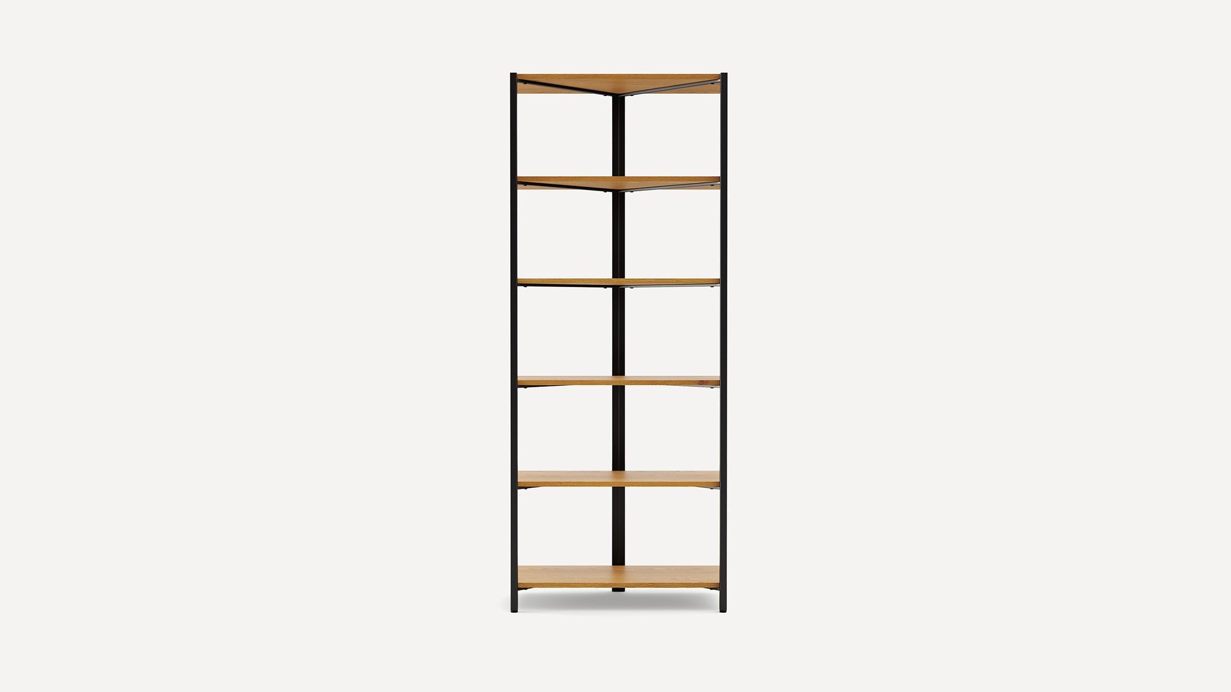 Tall corner shelving unit with six wooden shelves and a black metal frame, designed for space-efficient storage.