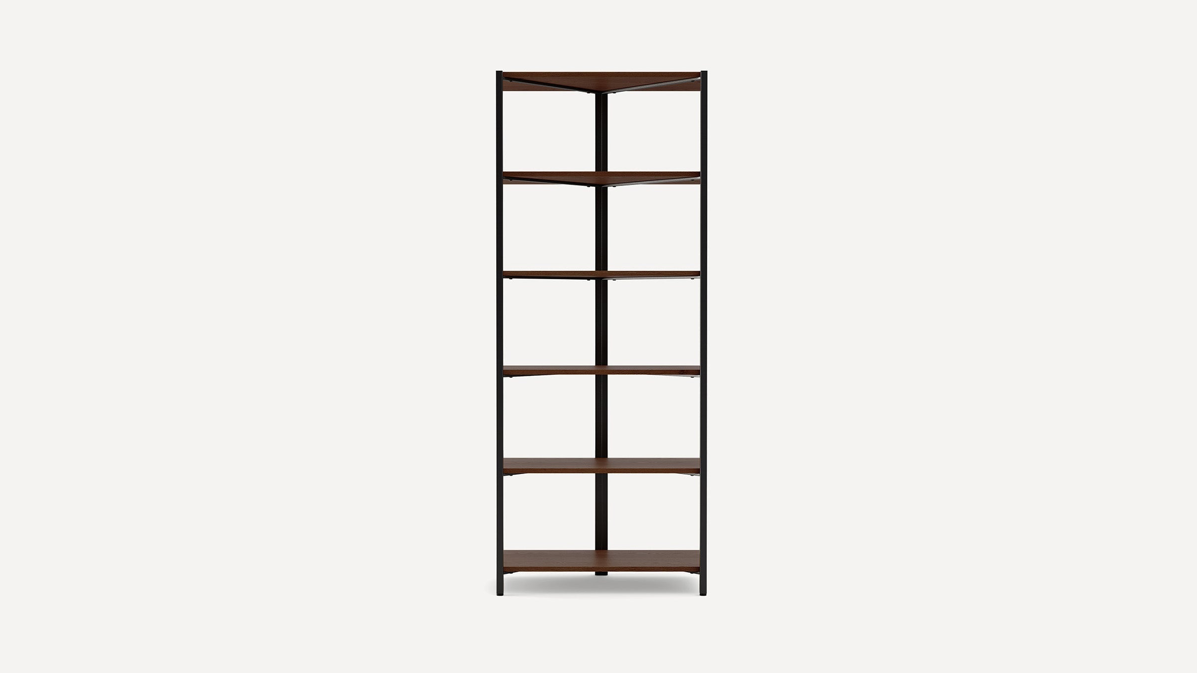 Tall corner shelving unit with six dark wood shelves and black metal frame, designed for maximizing space and storage.