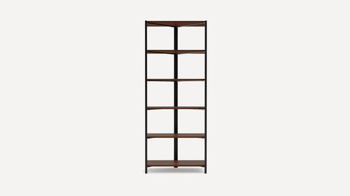 Tall corner shelving unit with six dark wood shelves and black metal frame, designed for maximizing space and storage.
