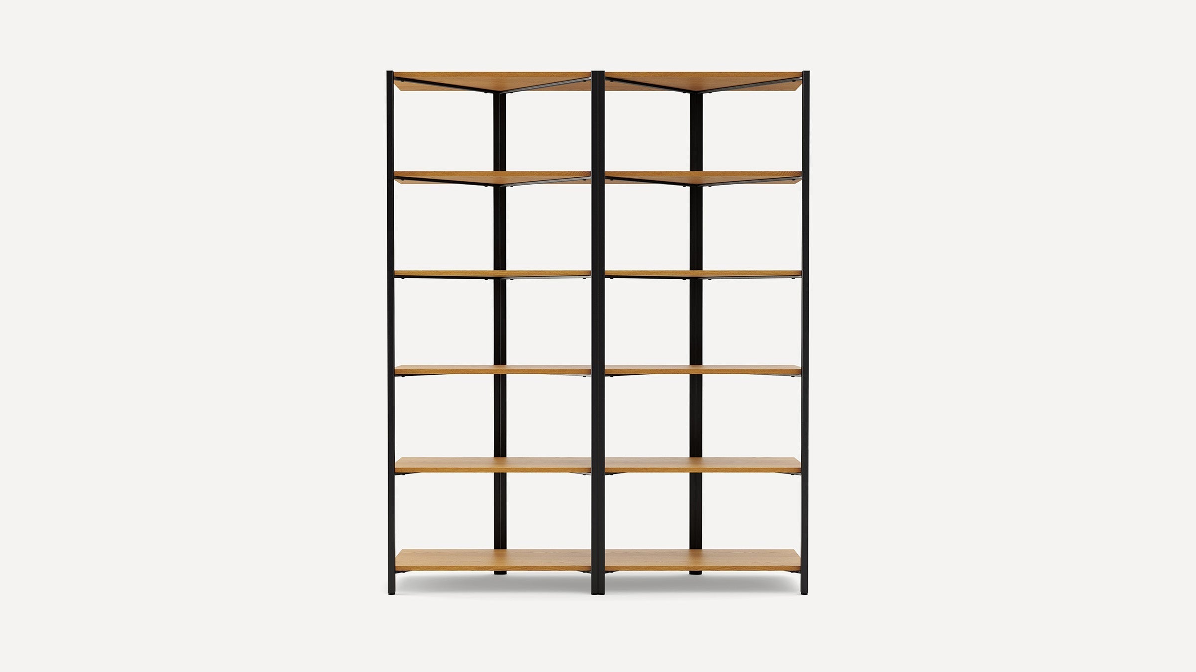 Double open shelving unit with six wooden shelves and a black metal frame, designed for modern storage and display.