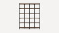 Double-sided bookshelf with five wooden shelves and a black metal frame, designed for corner placement and maximum storage.